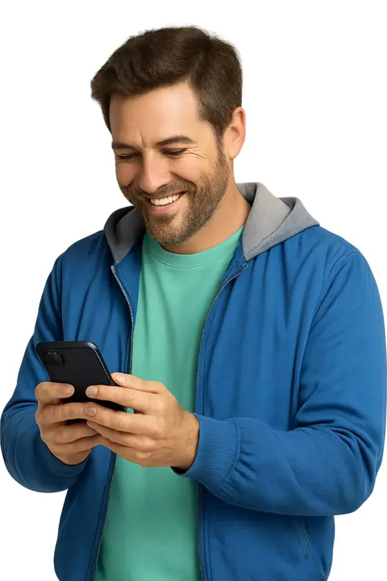 Homem sorrindo olhando o celular