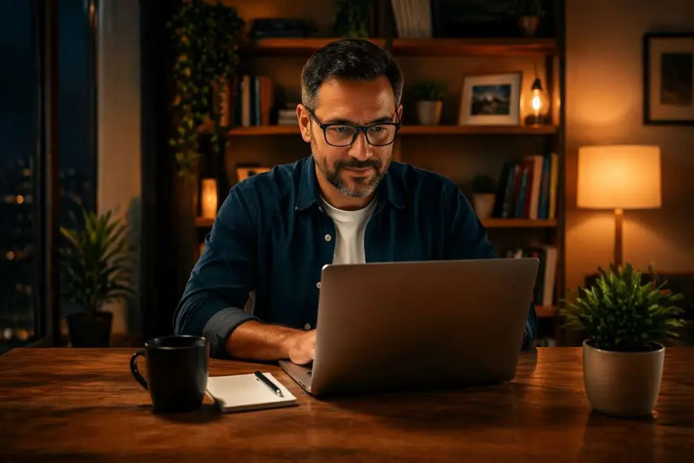 Homem estudando à noite no notebook